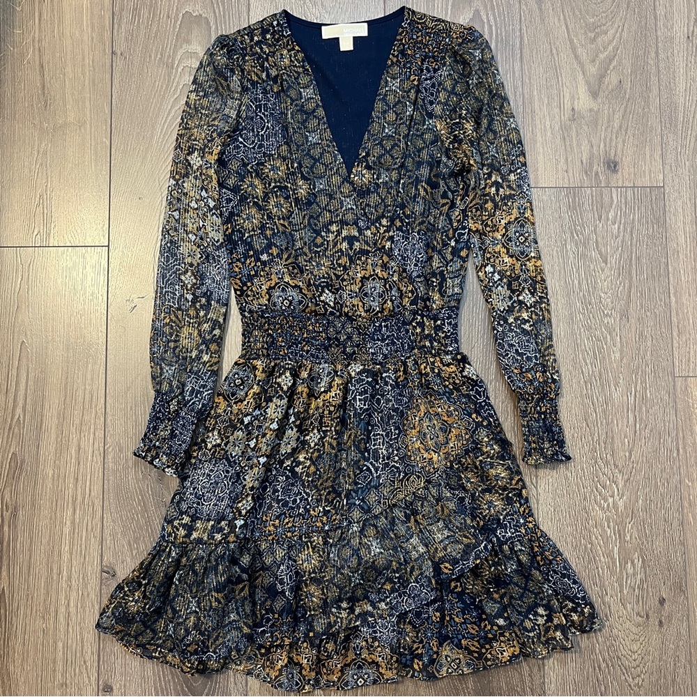 Michael Kors Ruffled Smock Chiffon Navy Blue and Gold Dress, Size P/S